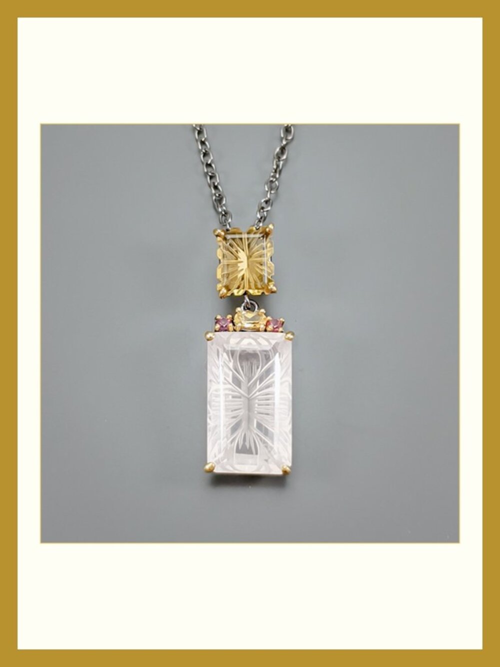 Necklace 40CT Natural Rose Quartz with Citrine and Rhodolite 925 18"